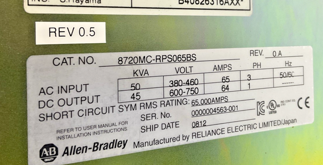 ALLEN BRADLEY 8720-RPS065BS REGENERATIVE POWER SUPPLY  REV.0.5| REV.0A 50KVA