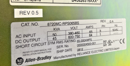 ALLEN BRADLEY 8720-RPS065BS REGENERATIVE POWER SUPPLY  REV.0.5| REV.0A 50KVA