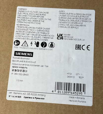 SIEMENS 3RK1922-2BA00 BACKPLANE BUS MODULE