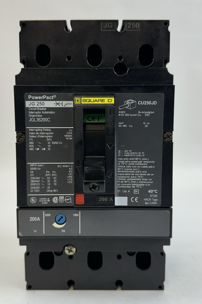 SQUARE D JGL36200C CIRCUIT BREAKER 200A 3P 600V 35kA POWERPACT J