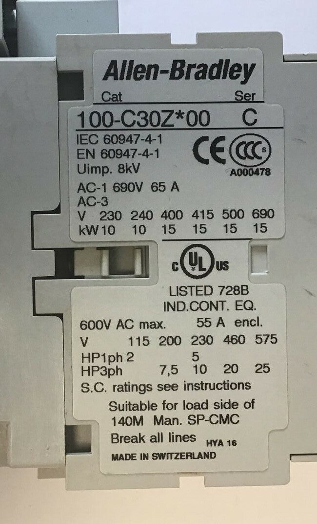 ALLEN BRADLEY 100-C30Z*00 CONTACTOR SER.C 600VAC 55A W/100-S & 100-FSD250