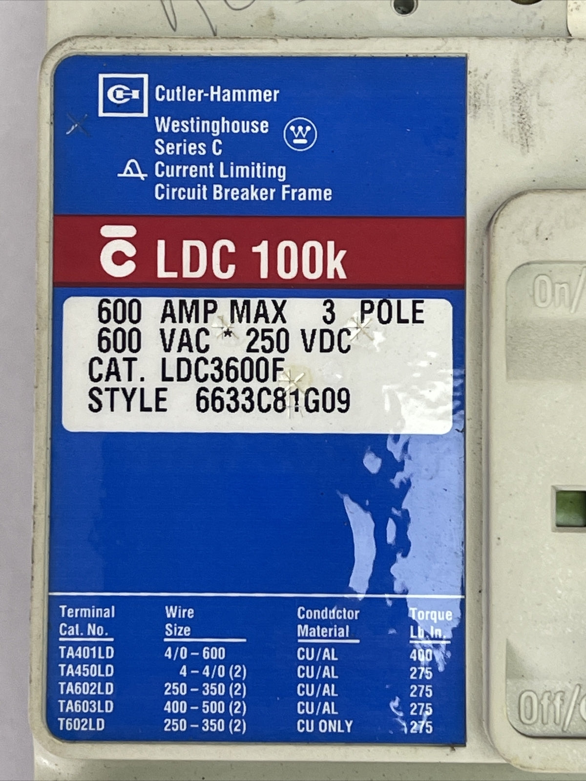 CUTLER HAMMER LDC3600F CIRCUIT BREAKER SER C 600A 3P 600VAC 250VDC LT3600T 600A