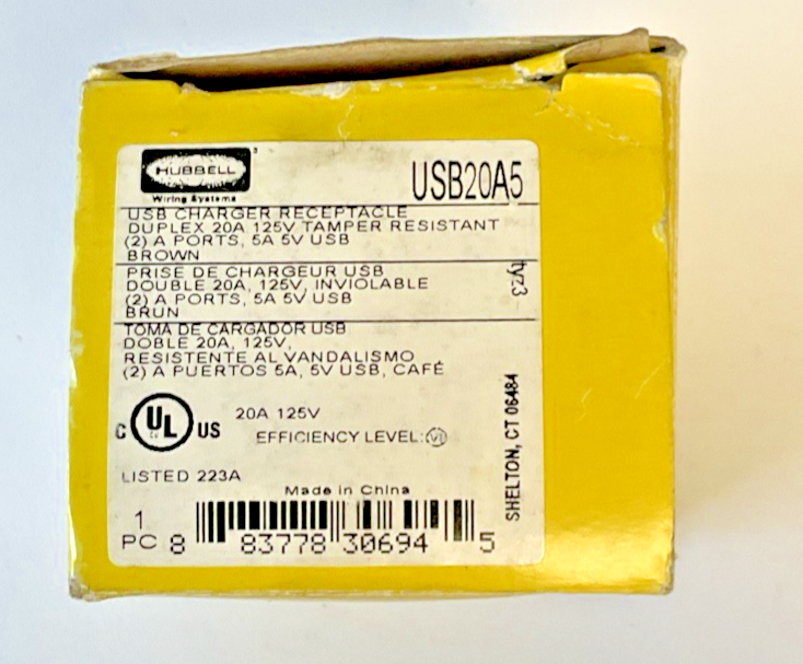 HUBBELL USB20A5 USB CHARGER RECEPTACLE DUPLEX 20A 125V