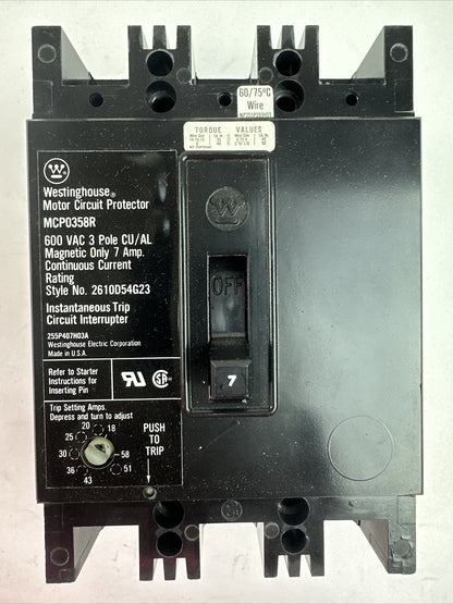 WESTINGHOUSE MCP0358R MOTOR CIRCUIT PROTECTOR 3P 7A 600VAC TRIP RANGE 18-58