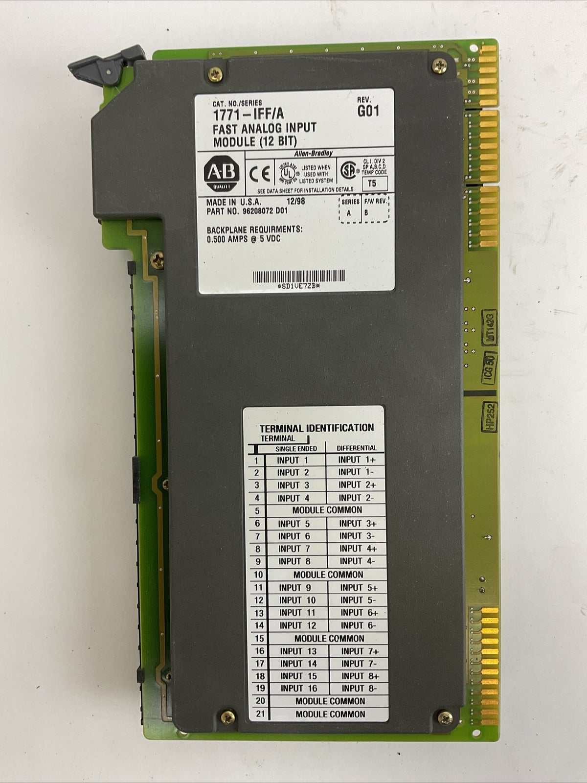 ALLEN BRADLEY 1771-IFF/A REV G01 FAST ANALOG INPUT (12 BIT) SER A F/W REV B 5VDC