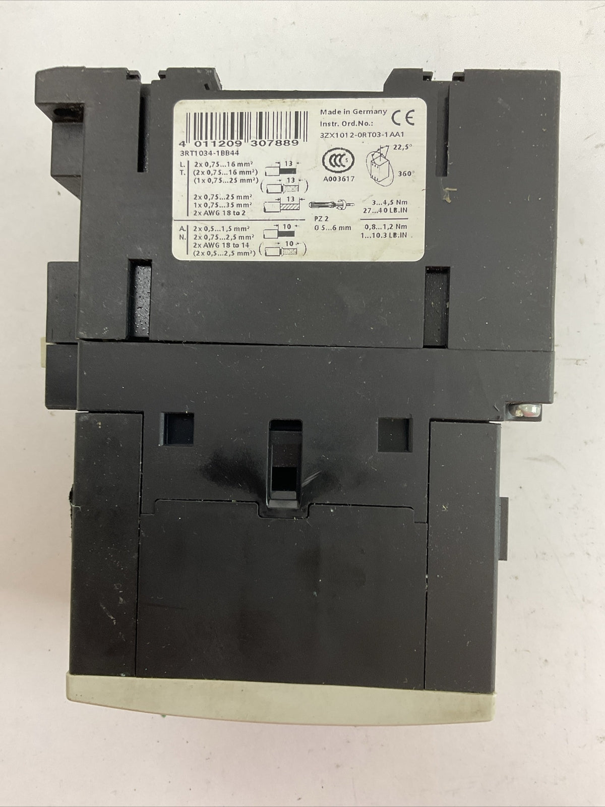 SIEMENS 3RT1034-1BB44 CONTACTOR 45A 600VAC 3PH 30HP COIL 24VDC