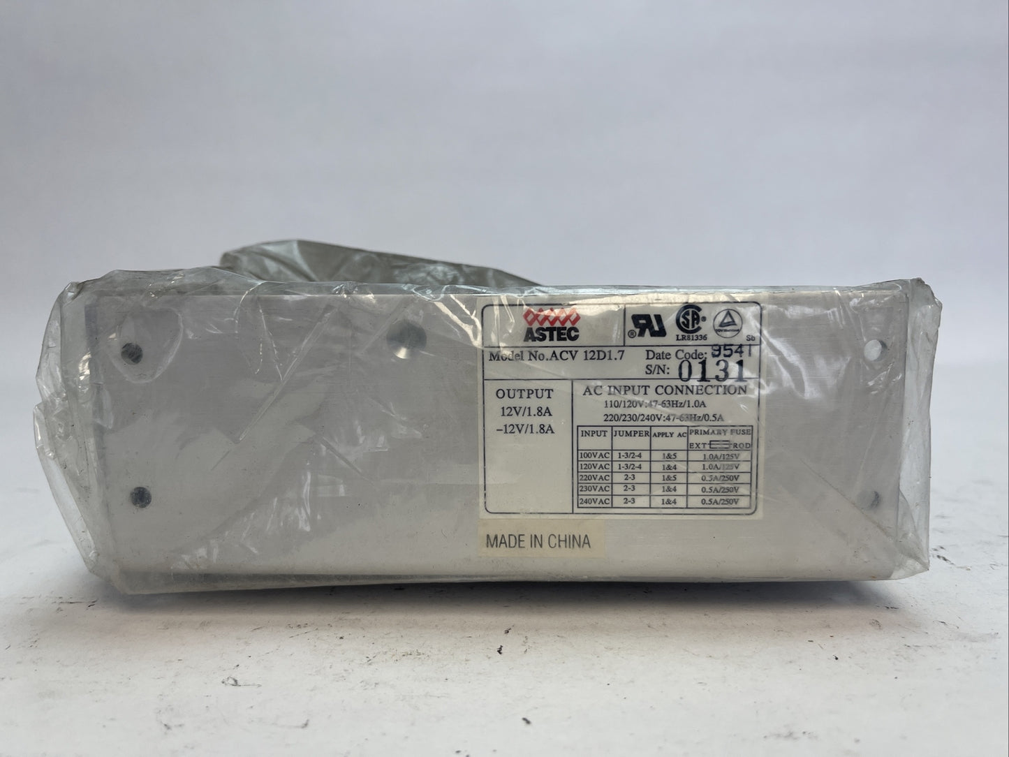 ASTEC ACV 12D1.7 POWER SUPPLY OUTPUT 12V 1.8A INPUT 110/120 47-63HZ 1A 220/230/
