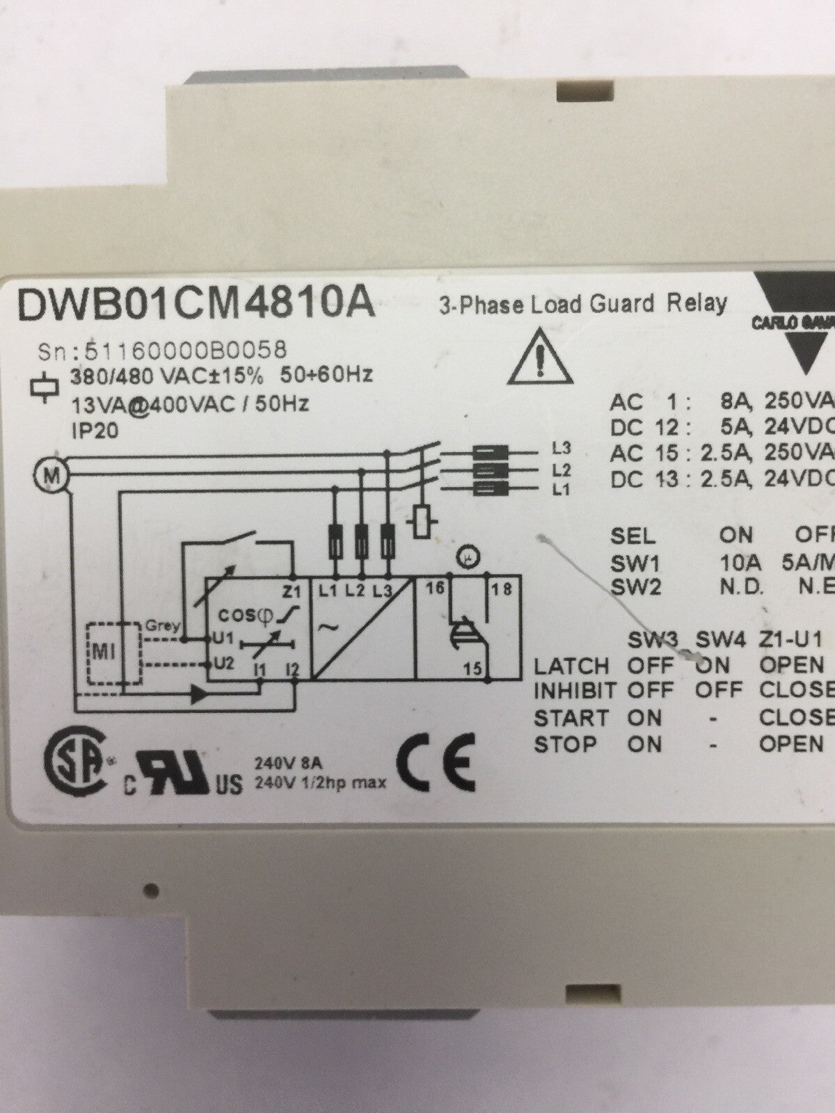 CARLO GAVAZZI DWB01CM4810A 3-PHASE LOAD GUARD RELAY 380/480VAC