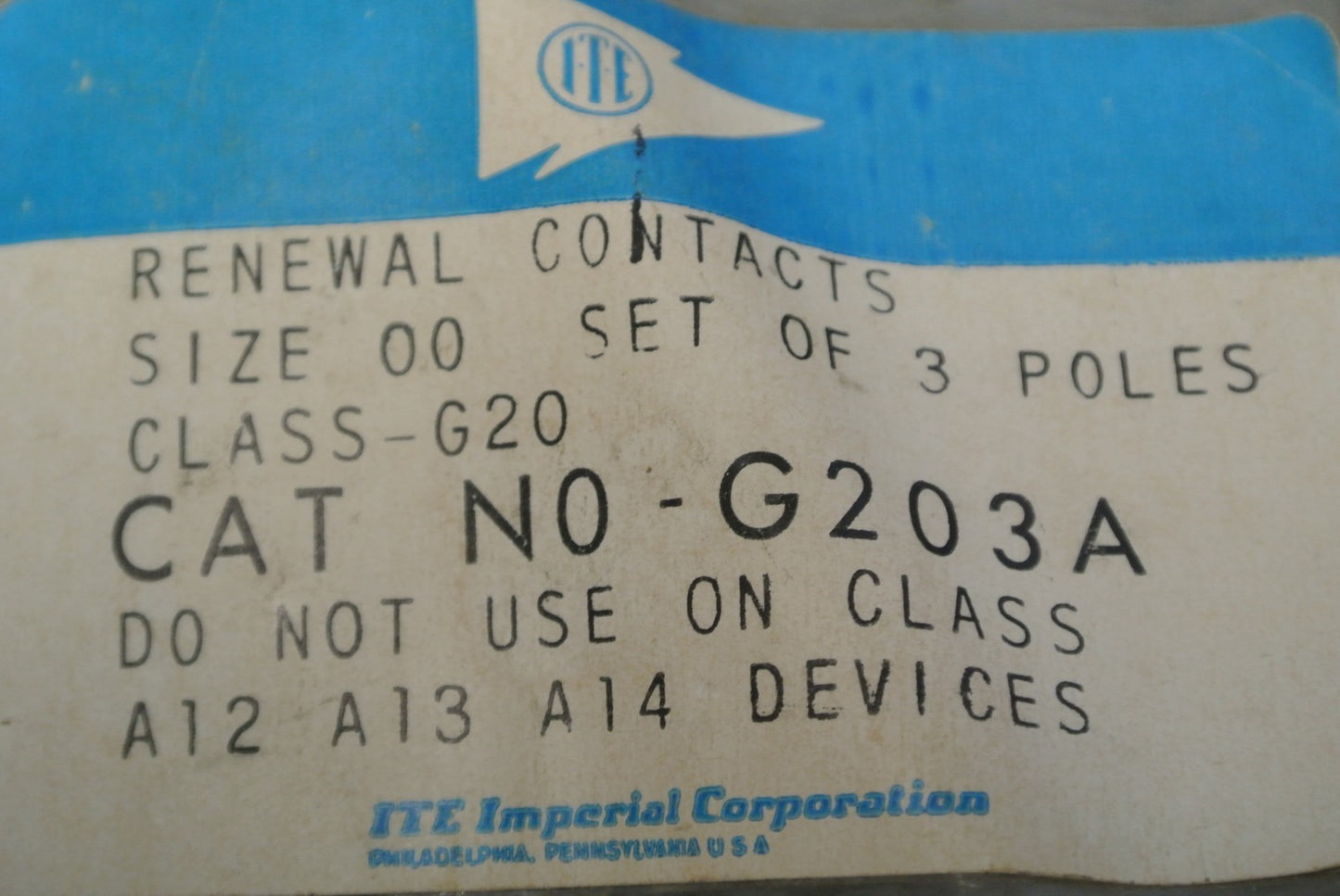 I-T-E G203A CONTACT KIT / SIZE 00 / SET of 3 POLES / NEW SURPLUS / SIEMENS GOULD