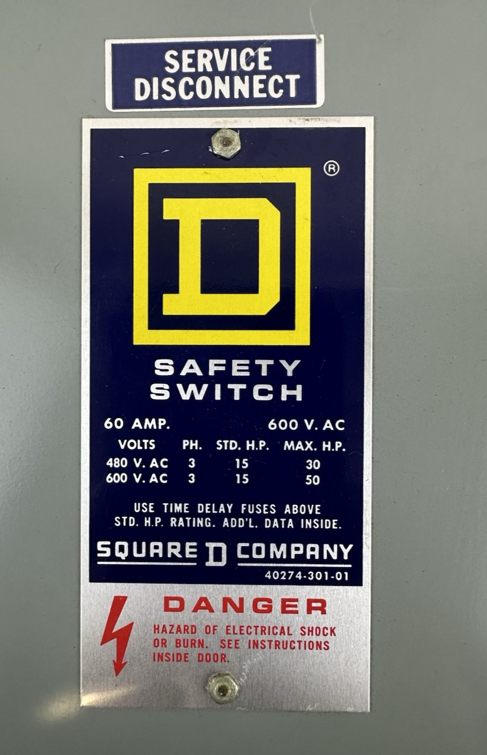 SQUARE D H362 SERIES E1 3 PHASE FUSIBLE DISCONNECT SAFETY SWITCH 60A 600V