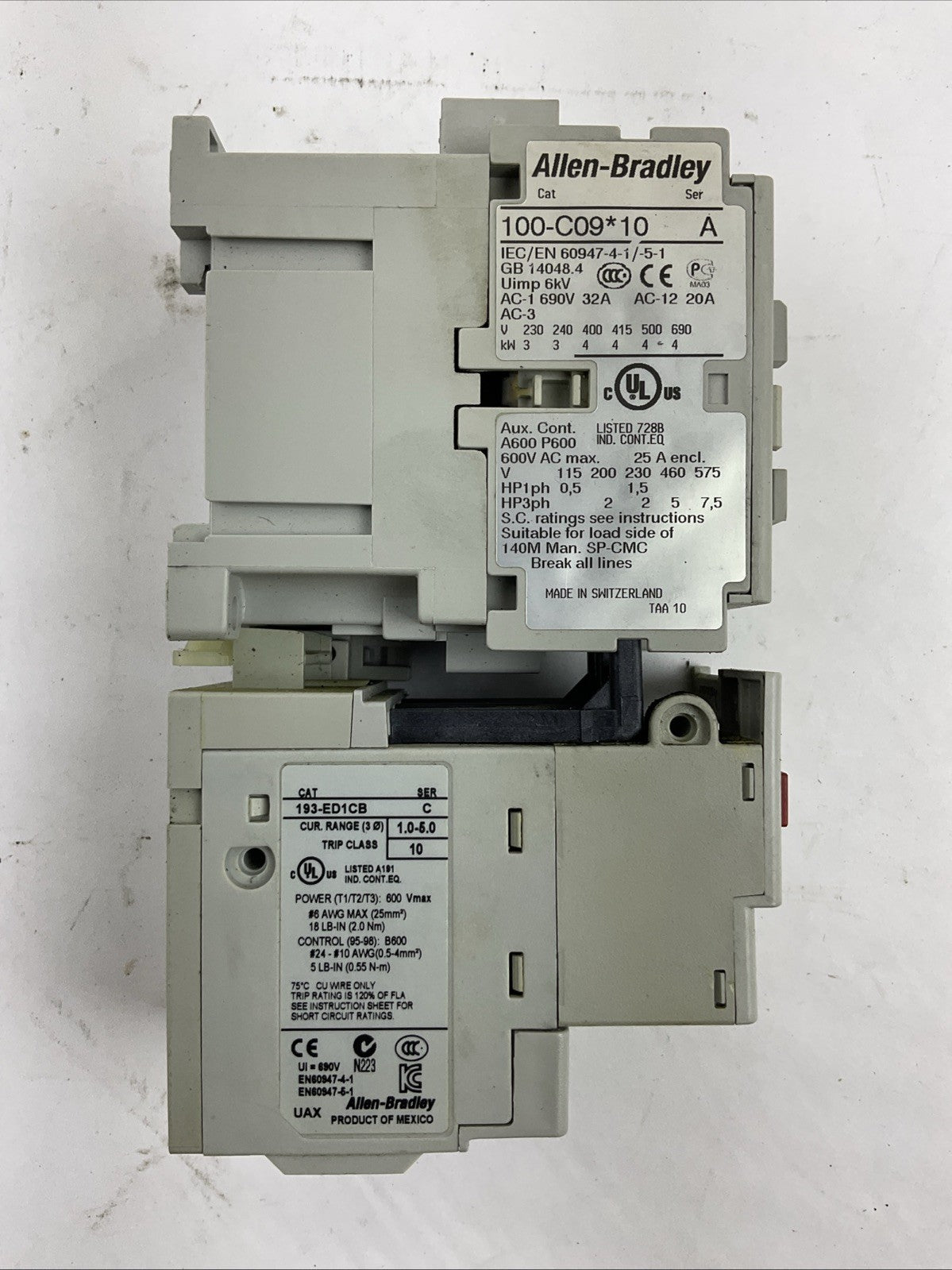 ALLEN BRADLEY STARTER (100-C09*10 CONTACTOR 120V COIL+193-ED1CB RELAY 1.0-5.0A)