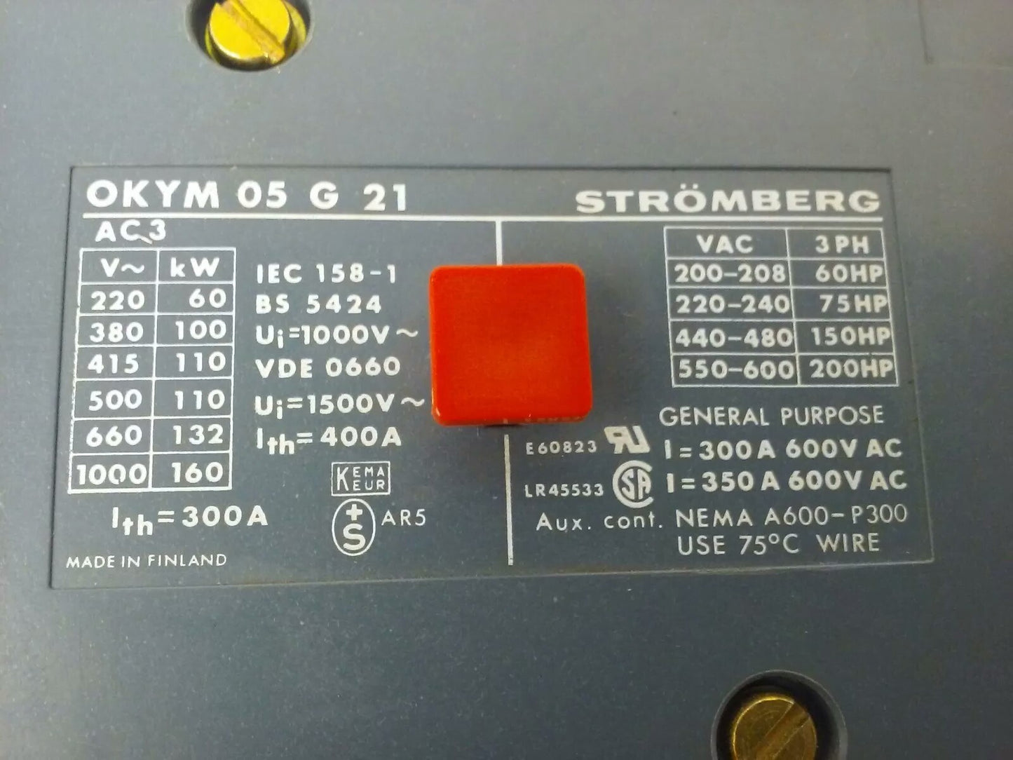 STROMBERG OKYM-05G21, CONTACTOR, 3PH, 600V, 200HP, 350A, 160KW, 125V COIL, USED