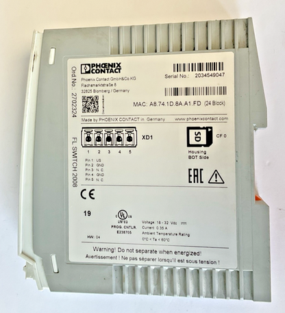 PHOENIX CONTACT FL SWITCH 2008 ETHERNET SWITCH 0.35A 18-32VDC
