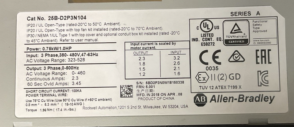 ALLEN BRADLEY 25B-D2P3N104 POWERFLEX 525 FRN:5.001 480V 1HP 2.3A SER.A