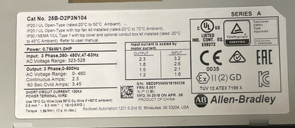 ALLEN BRADLEY 25B-D2P3N104 POWERFLEX 525 FRN:5.001 480V 1HP 2.3A SER.A