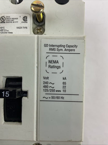 EATON GD 22 INDUSTRIAL CIRCUIT BREAKE 3POLE 15AMP 480VAC 125/250VDC