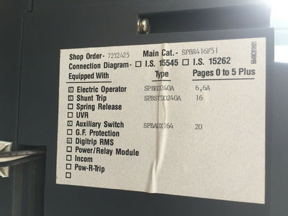 WESTINGHOUSE SPB100 POW-R BREAKER 2500 AMP? 4 POLE T51BLI DIGITRIP RMS 500