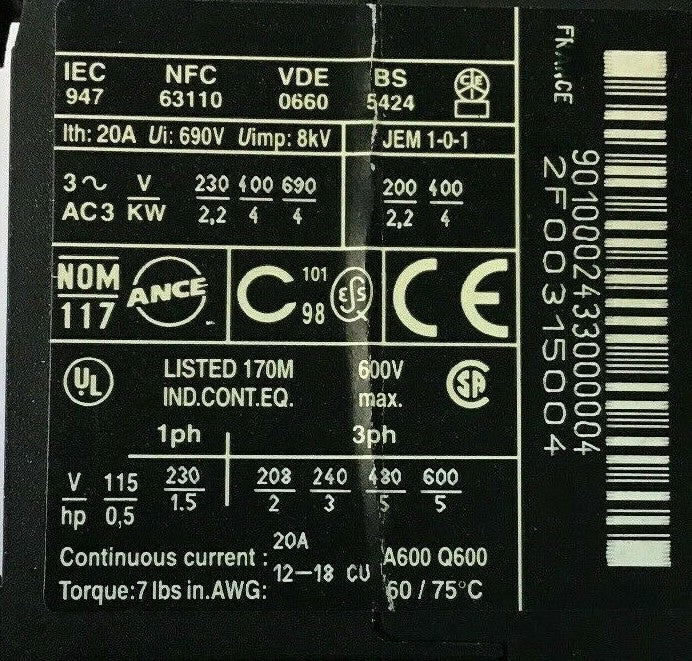TELEMECANIQUE LP4K0901BW3, CONTACTOR, 600VAC 20A ***LOTOF3***