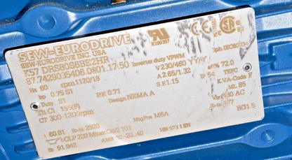 SEW-EURO DRIVEK 57 DR580S6BE2HR GEAR MOTOR 0.75HP 1120/18RPM 60HZ