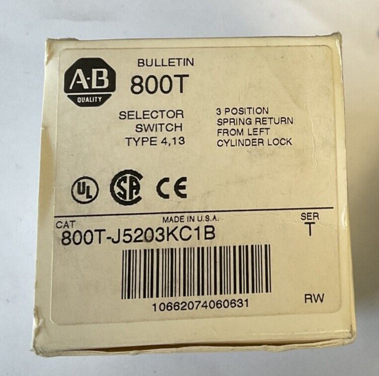 ALLEN BRADLEY 800T-J5203KC1B KEYED SELECTOR SWITCH 3POS. SRPING RETURN SER.T