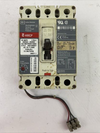 CUTLER HAMMER HMCP030H1CA02 CIRCUIT BREAKER 30A 600VAC 3P A1XILB AUX SWITCH