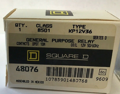 SQUARE D 8501 KP-12V36 GENERAL PURPOSE RELAY CONTACTS DPDT 10A COIL 12V 50/60HZ