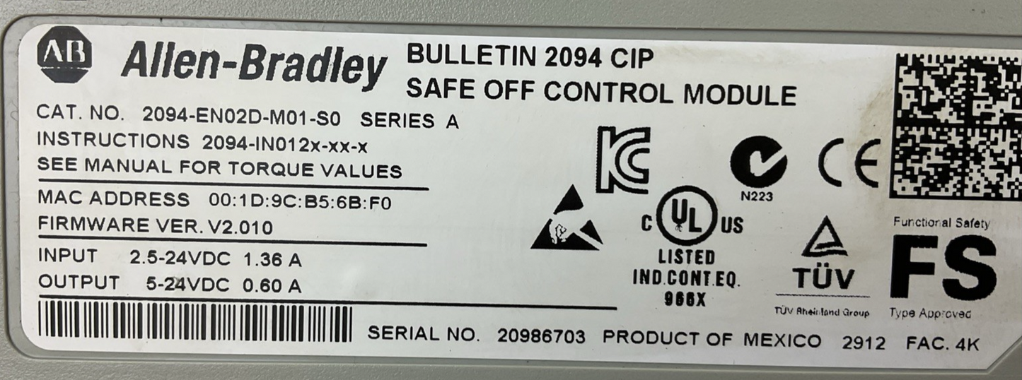 ALLEN BRADLEY 2094-BC02-M02-M INTERGRATED AXIS POWER MODULE 2094-EN02D-M01-S0
