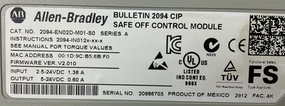 ALLEN BRADLEY 2094-BC02-M02-M INTERGRATED AXIS POWER MODULE 2094-EN02D-M01-S0