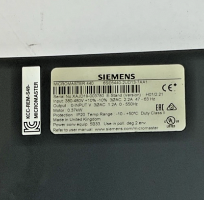 SIEMENS 6SE6440-2UD13-7AA1 FREQUENCY INVERTER MICRMASTER 440 VER. H01/2.21