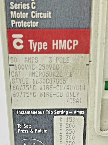 WESTINGHOUSE - HMCP050K2C B -SER. C- MOTOR CIRCUIT PROTECTOR - 50A/3POLE/600VAC