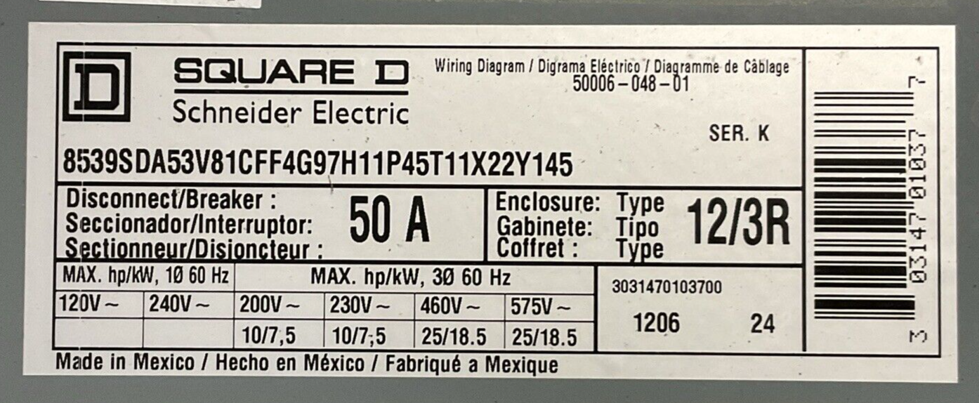 SQUARE D 8539SDA53V81CFF4G97H11P45T11X22Y145 SIZE 2 COMBINATION MOTOR CONTROLLER
