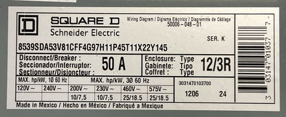 SQUARE D 8539SDA53V81CFF4G97H11P45T11X22Y145 SIZE 2 COMBINATION MOTOR CONTROLLER