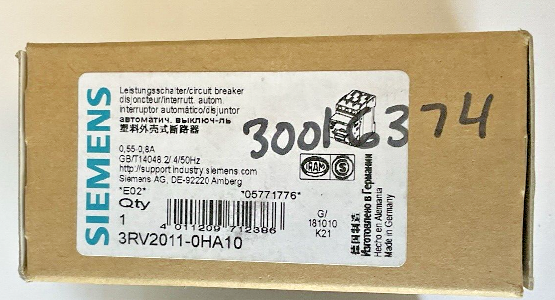 SIEMENS 3RV2011-0HA10 MOTOR CONTROL 0.55-0.8A