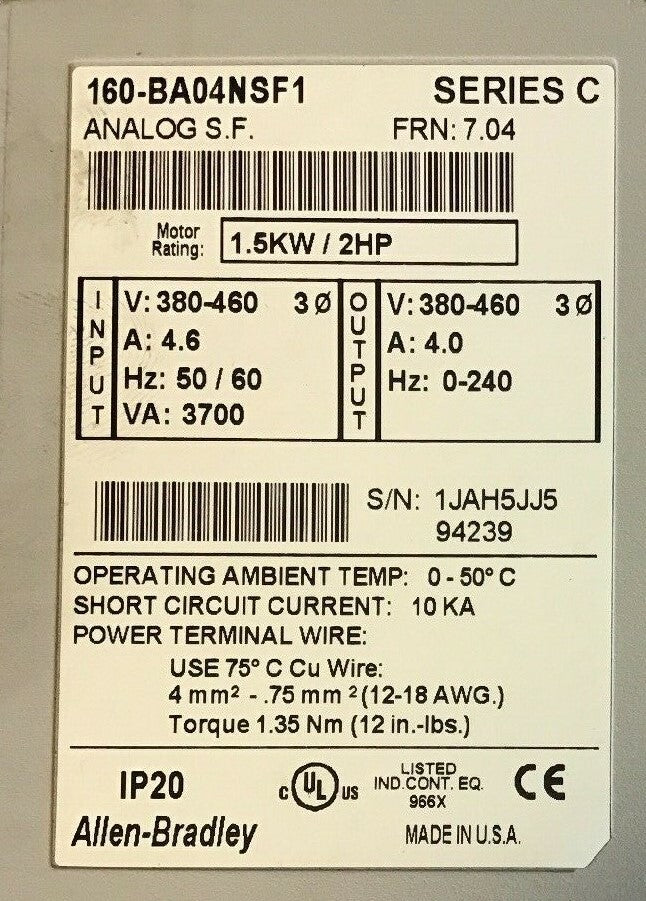 ALLEN BRADLEY 160-BA04NSF1 FREQUENCY DRIVE  SER.C ANALOG S.F.