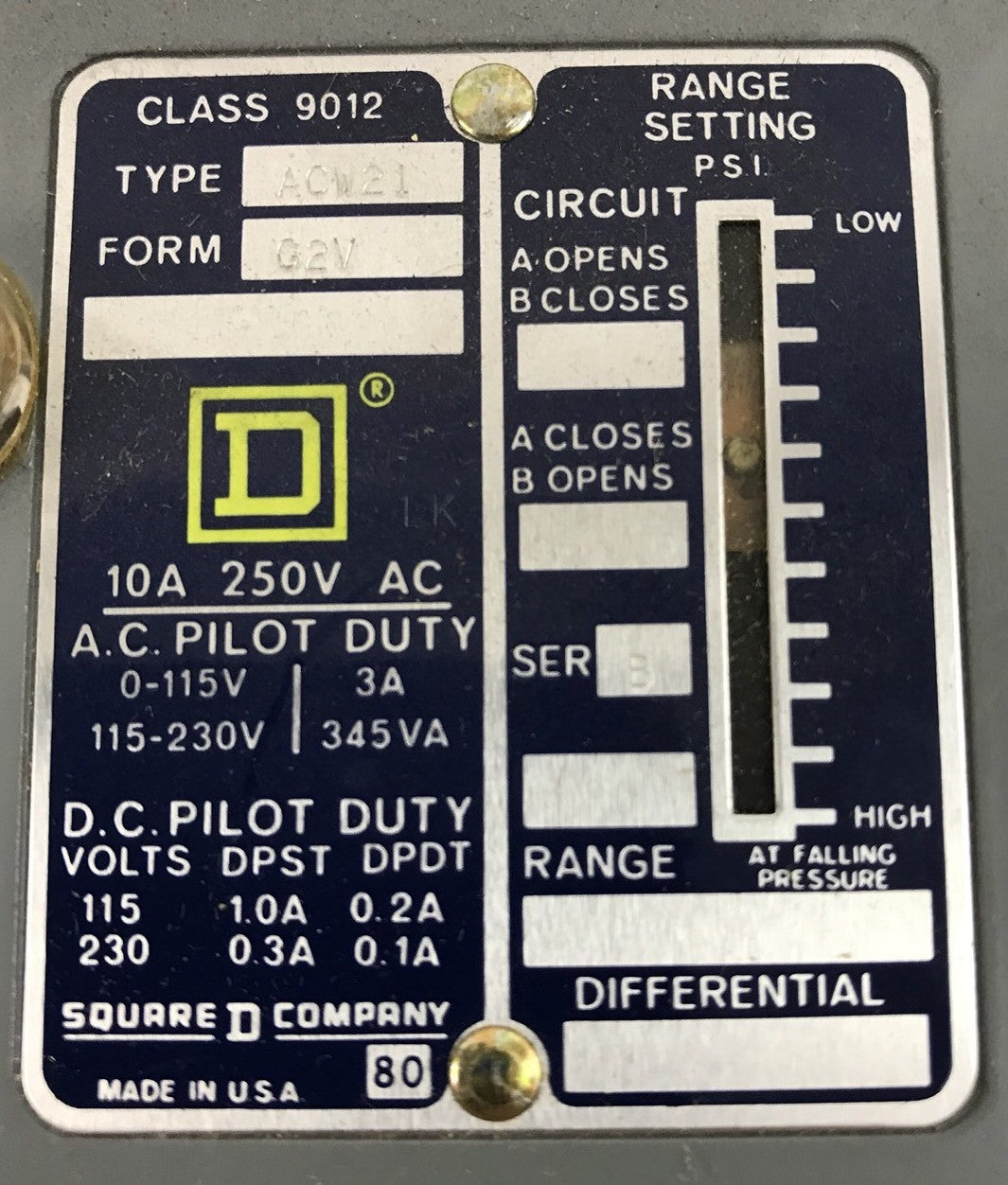 Sq D Pressure Switch class 9012 type ACW-21 series B, Range 400-3000psi new