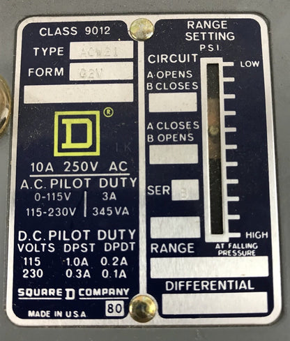 Sq D Pressure Switch class 9012 type ACW-21 series B, Range 400-3000psi new