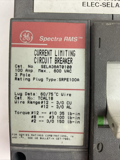 GE SELA36AT0100 100AMP 600VAC 3POLE CURRENT LIMITING CIRCUIT BREAKER