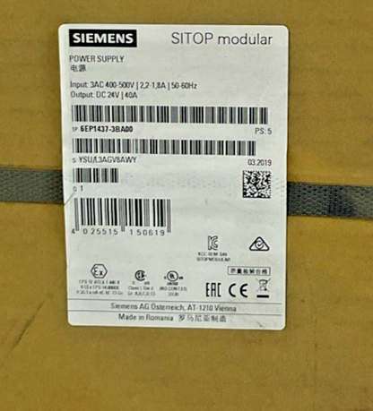 SIEMENS 6EP1437-3BA00 POWER SUPPLY 500V 24VDC 40A