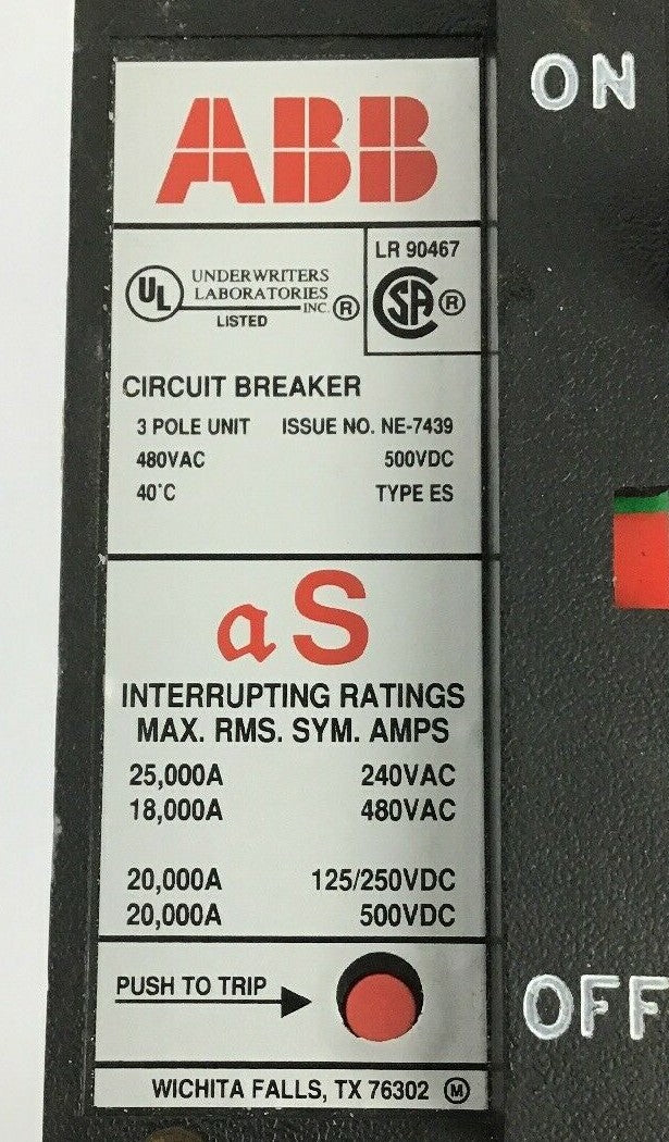 ABB UXAB 727131 R 105 25AMP CIRCUIT BREAKER 500VDC 3POLE TYPE ES 480VAC