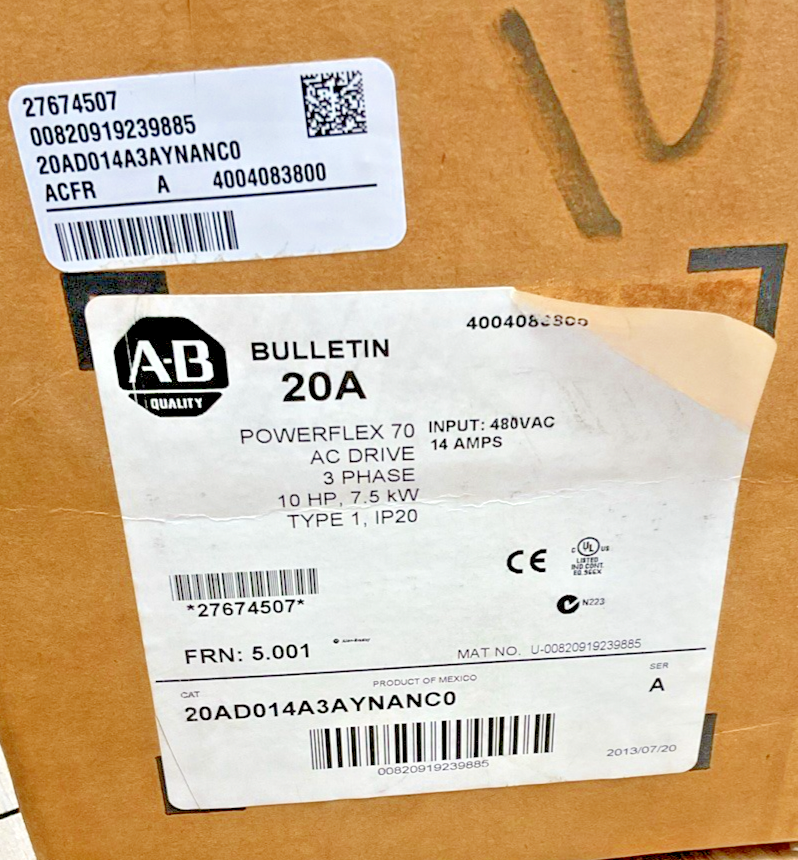 ALLEN BRADLEY 20AD014A3AYNANC0 POWER FLEX AC DRIVE 70 FRM 5.001