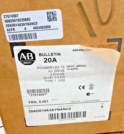 ALLEN BRADLEY 20AD014A3AYNANC0 POWER FLEX AC DRIVE 70 FRM 5.001