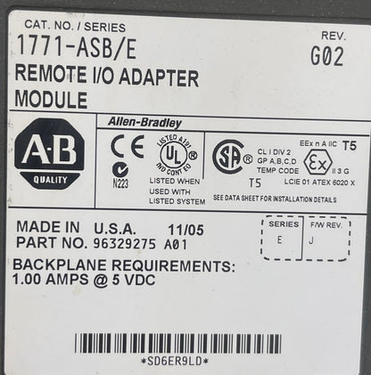 ALLEN BRADLEY 1771-ASB REMOTE I/O ADAPTER MODULE SERIES E REV G02 5VDC F/W REV J