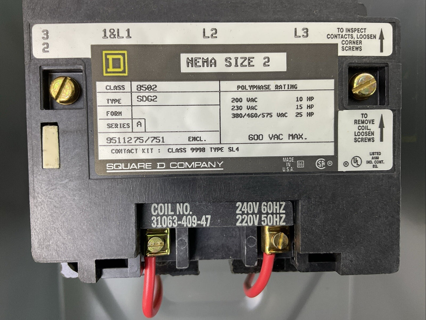 SQUARE D 8502 SDG2V03 SER A AC MAGNETIC NEMA RATED CONTACTOR IN TYPE 1 ENCLOSURE