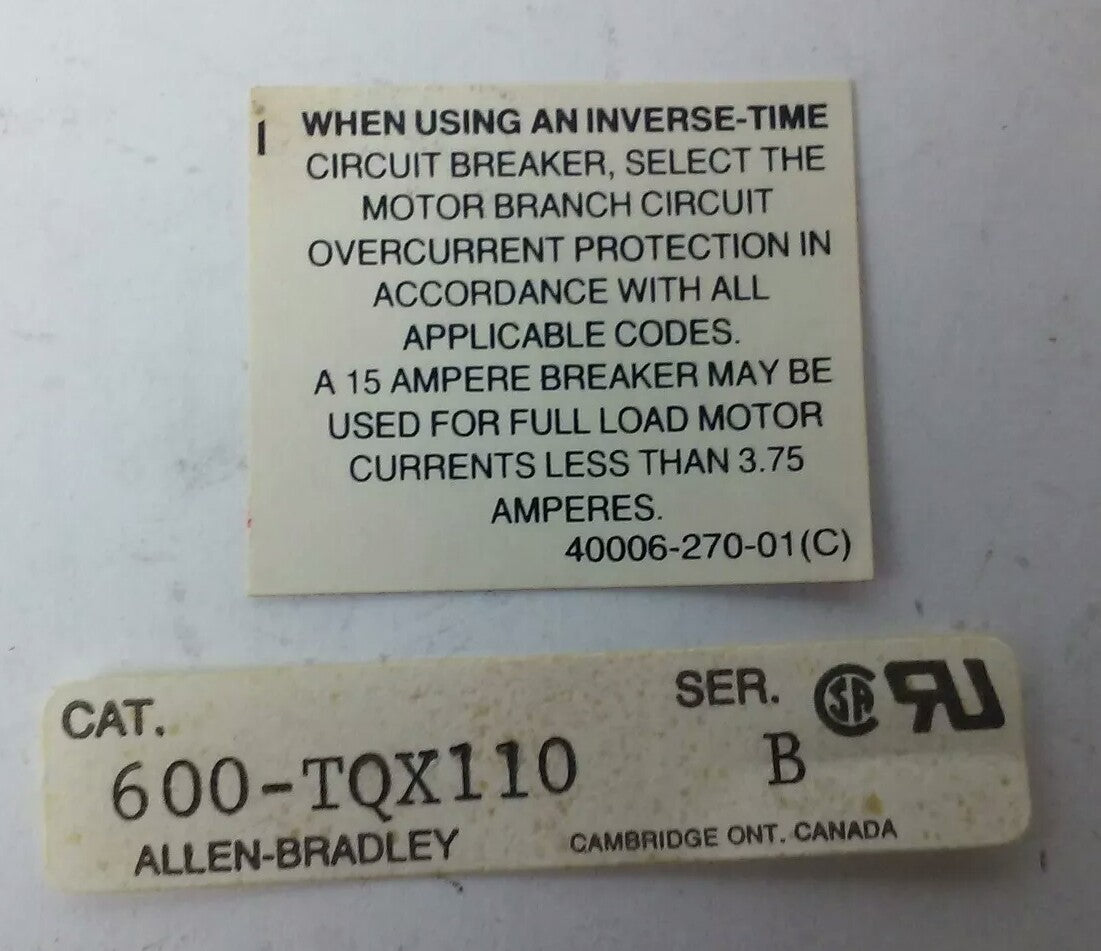 ALLEN BRADELY 600-TQX110 SER.B, MANUAL MOTOR STARTER  240V, NO KEY