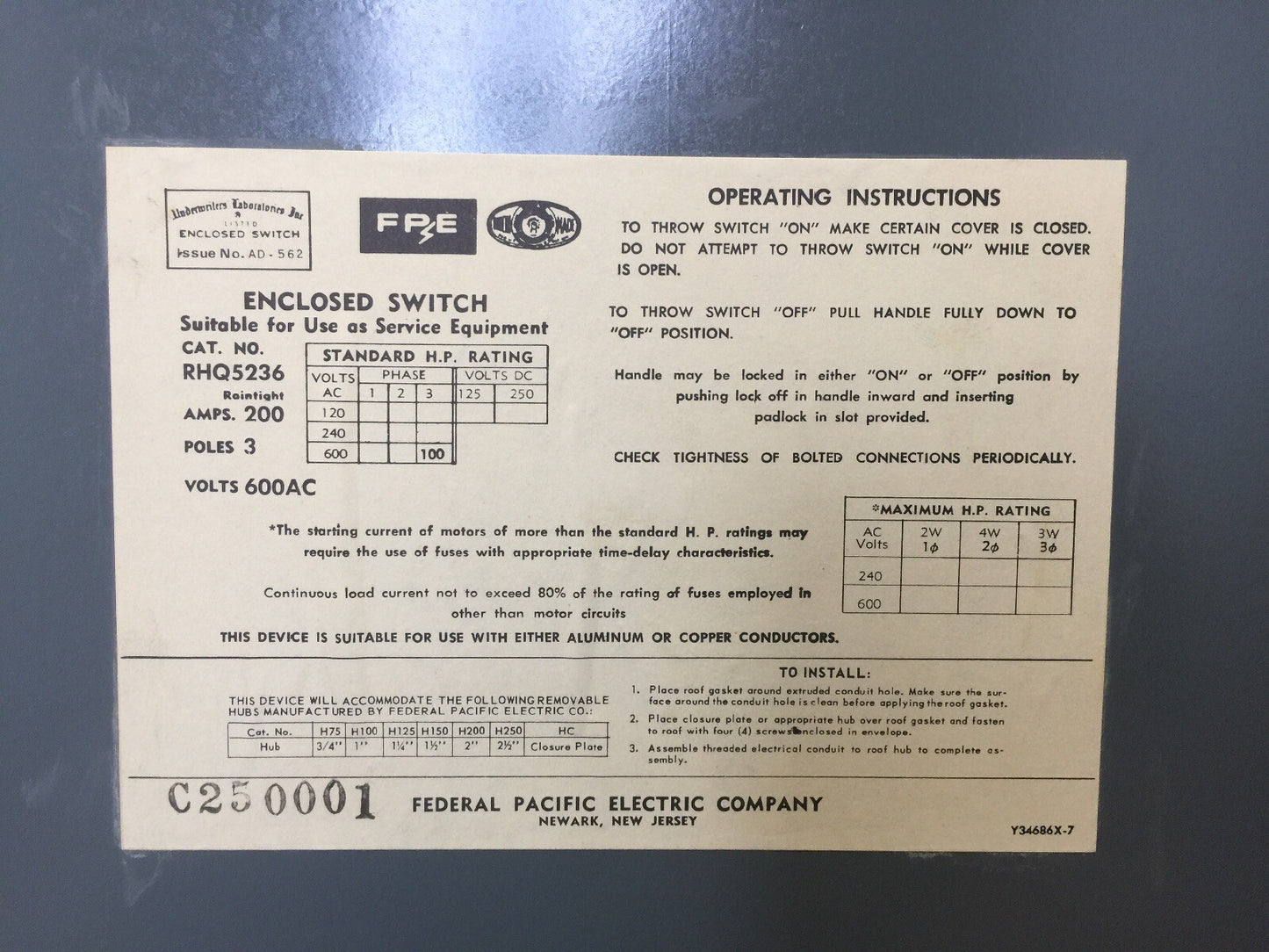 FPE RHQ5236 HEAVY DUTY TYPE A SAFETY SWITCH NON-FUSIBLE 200A 600VAC RAINTIGHT