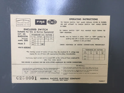 FPE RHQ5236 HEAVY DUTY TYPE A SAFETY SWITCH NON-FUSIBLE 200A 600VAC RAINTIGHT