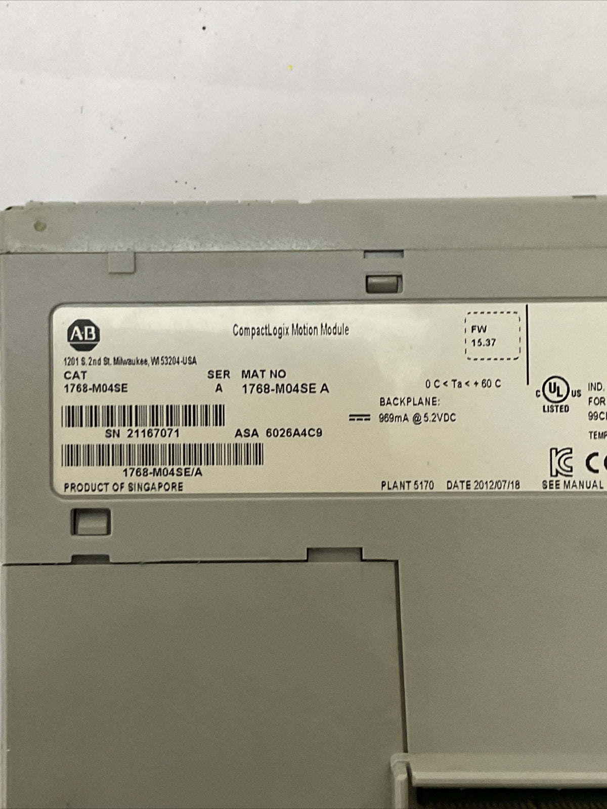 ALLEN BRADLEY 1768-M04SE SER A FW 15.37 COMPACT LOGIX MOTION MODULE 969mA@5.2VDC