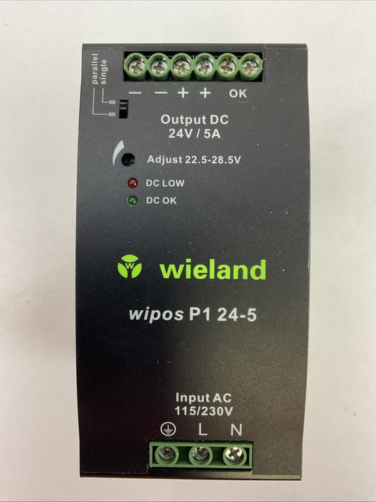 WIELAND WIPOS P1 24-5 SWITCHING POWER SUPPLY OUTPUT 24VDC 5A INPUT 115/230VAC