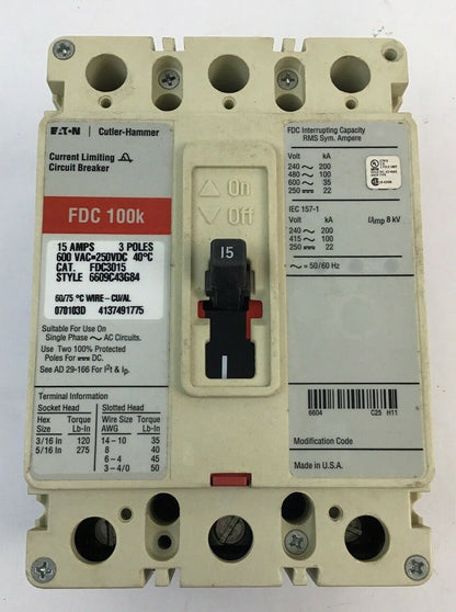 CUTLER HAMMER FDC3015 CIRCUIT BREAKER 15A 600VAC/250VDC 3P