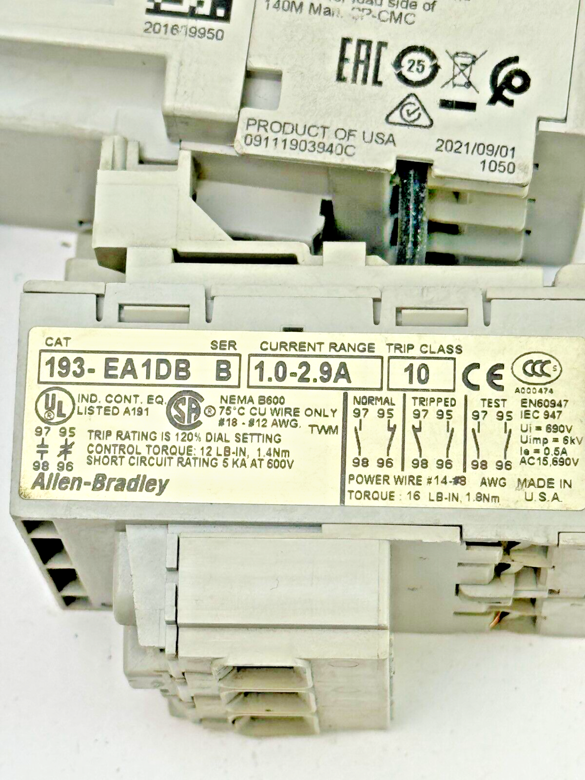 ALLEN-BRADLEY 100-C09D*10 SER. A CONTACTOR W 24VDC COIL & 193-EA1DB SER. B RELAY